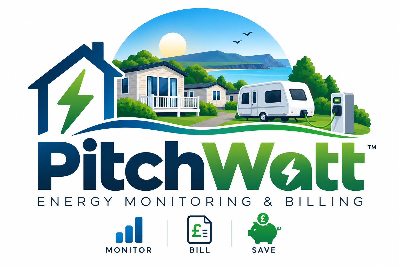 PitchWatt. Energy monitoring and billing for holiday sites, illustrated with holiday homes and an electricity meter.